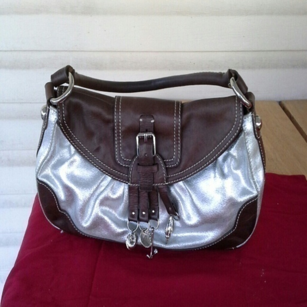 Authentic Celine brown and silver leather bag